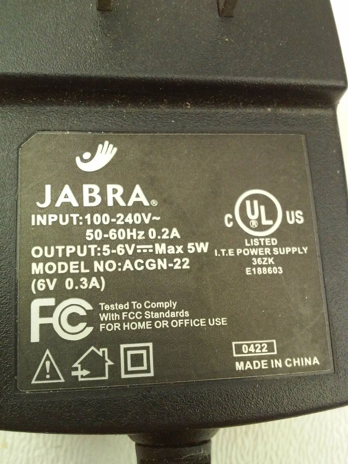 NEW Jabra ACGN-22 5-6V 0.3A Adapter Charger AC Power Supply - Click Image to Close